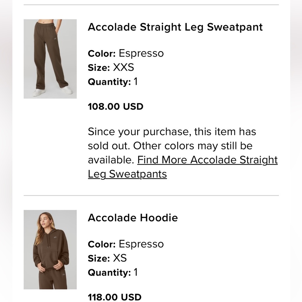 ALO Yoga Accolade Espresso Straight Leg Sweatpant and hoodie
